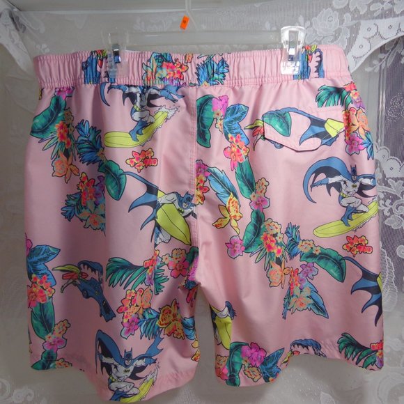 Batman Mesh Lined Swim Trunks Men's XL Pink Hawaiian Floral Surf Elastic Pre-own - Picture 6 of 16